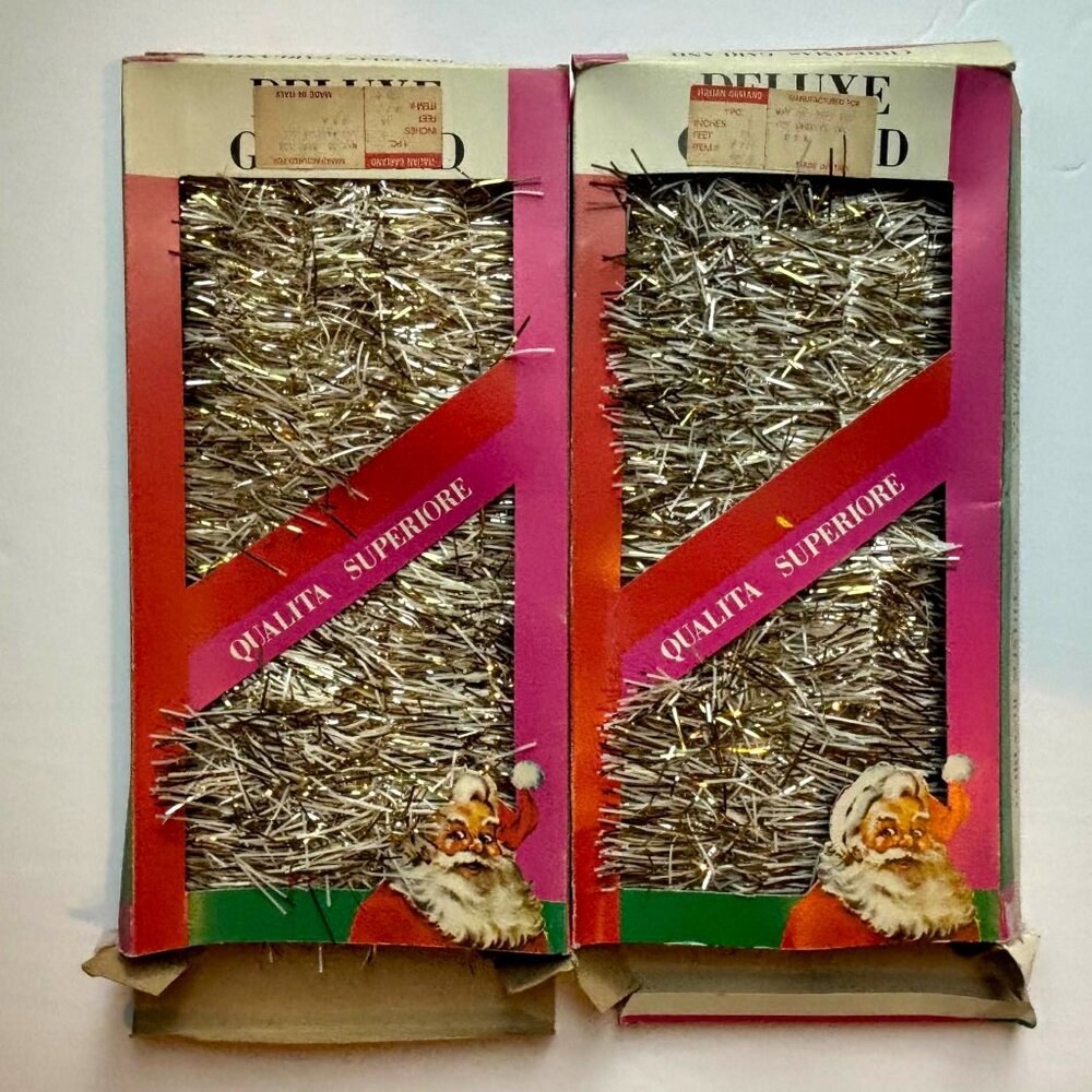 Set of 2 Vintage Christmas Tinsel Garland Italian Gold White 36 feet In Box